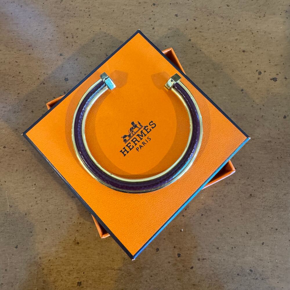 Hermes Gold Burgundy Leather Bangle Cuff Bracelet - Picture 7 of 10